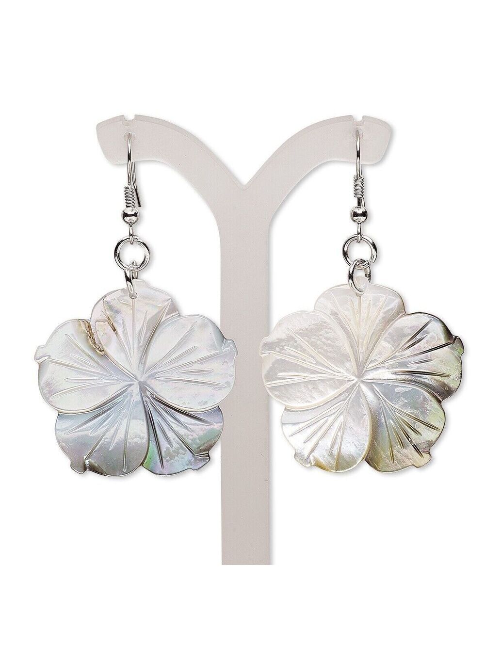 Handcrafted Natural Organic Pale Gray Black Lip Shell Flower Pendant Earrings